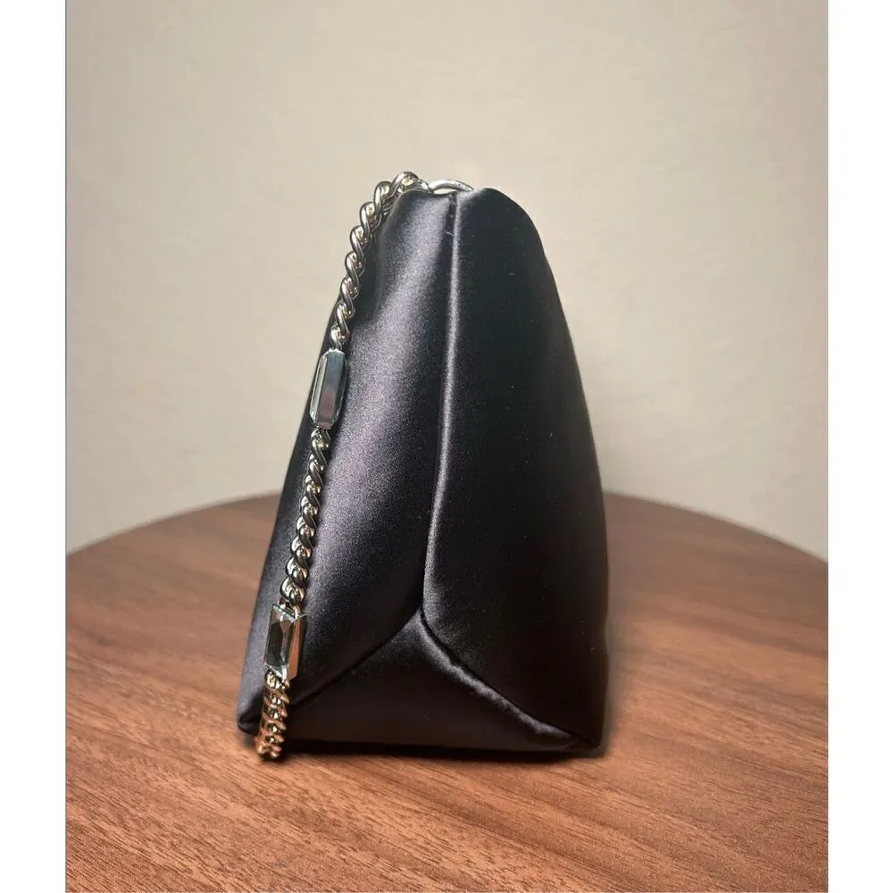 Kate Spade Anya Chain Strap Satin Shoulder Bag Black Gold Evening Glam Date NWT